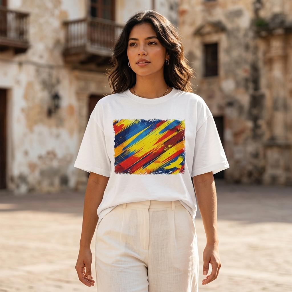 Ecuador La Tri Light Mode. Woman wearing a white t-shirt with a colorful abstract design in front of a stone building.