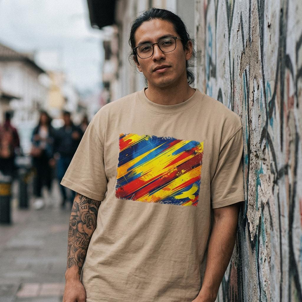 Ecuador La Tri Sand Mode. Man wearing a beige t-shirt with a colorful abstract design, standing against a graffiti-covered wall.