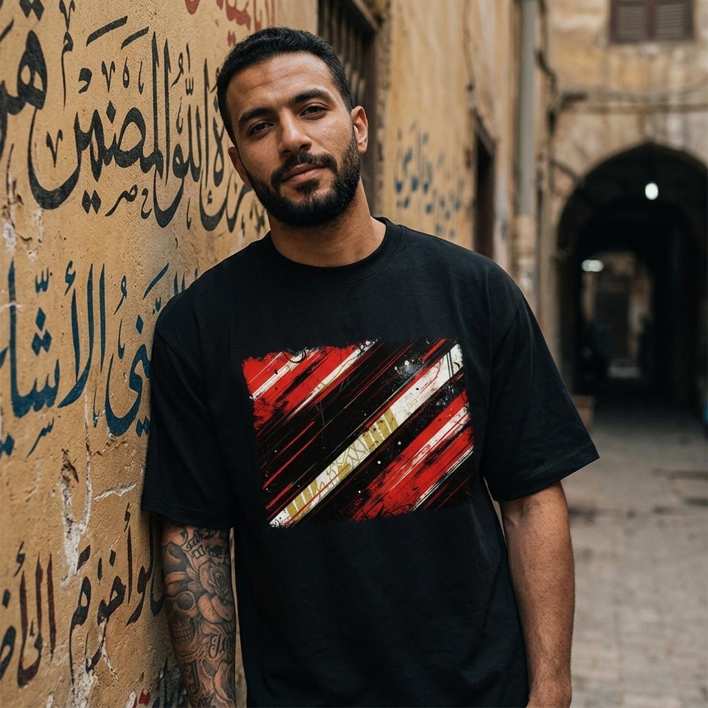 Egypt The Pharaohs Dark. Man wearing a black t-shirt with a red and white graphic design, standing against a textured wall with Arabic text.