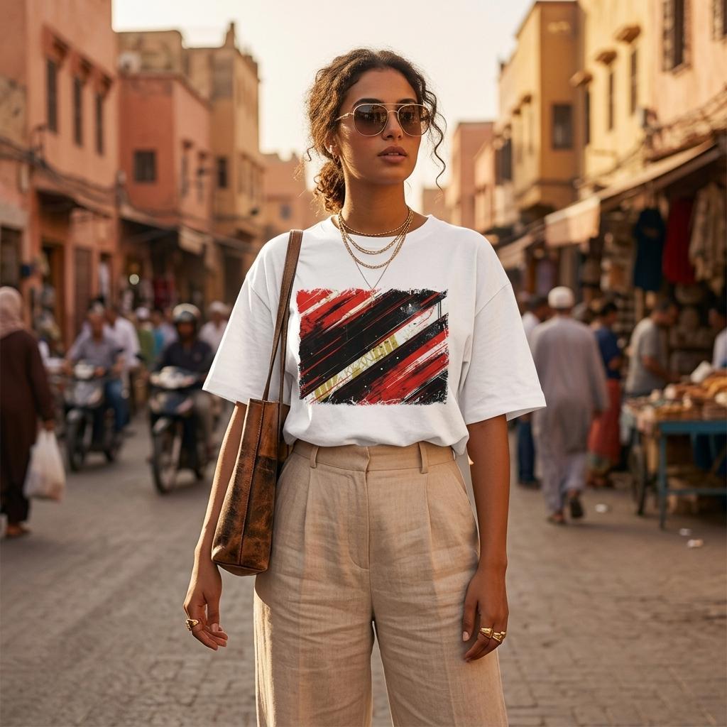 Egypt The Pharaohs Light. Woman walking on a street in an urban setting wearing a white t-shirt with a colorful design.