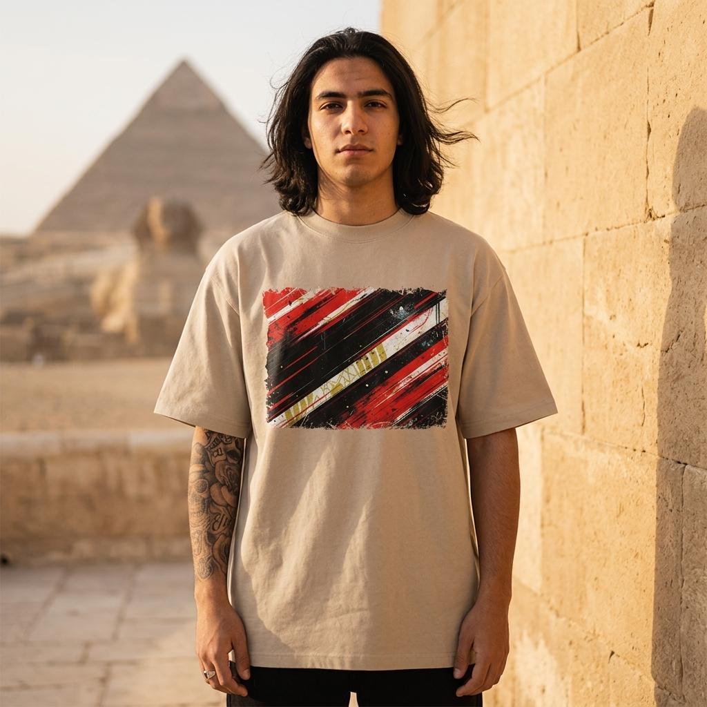 Egypt The Pharaohs Sand. Person wearing a beige t-shirt with a colorful design in front of a pyramid.