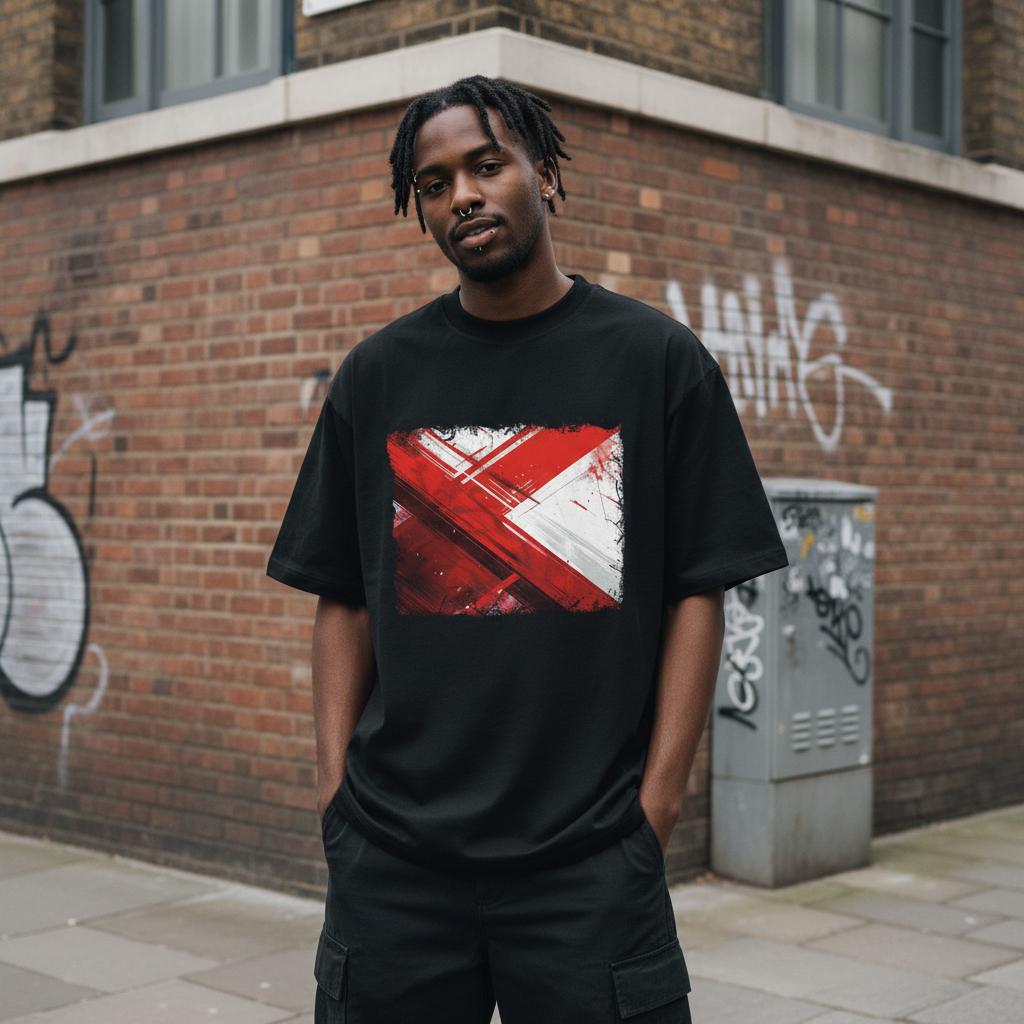 England Three Lions Dark Mode. Man wearing a black t-shirt with a red and white graphic design, standing against a brick wall with graffiti.