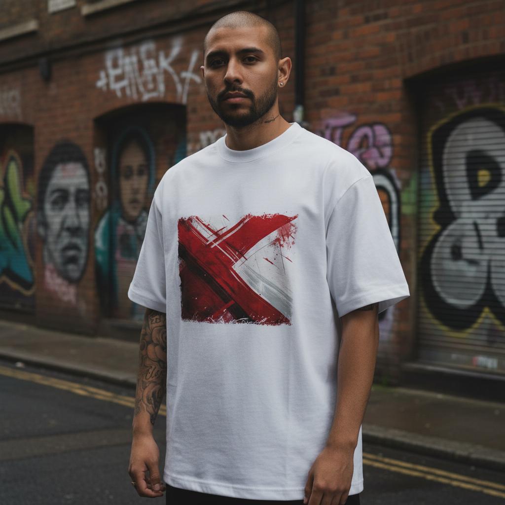England Three Lions Light Mode. Man wearing a white t-shirt with a red and black design in front of a graffiti-covered wall.