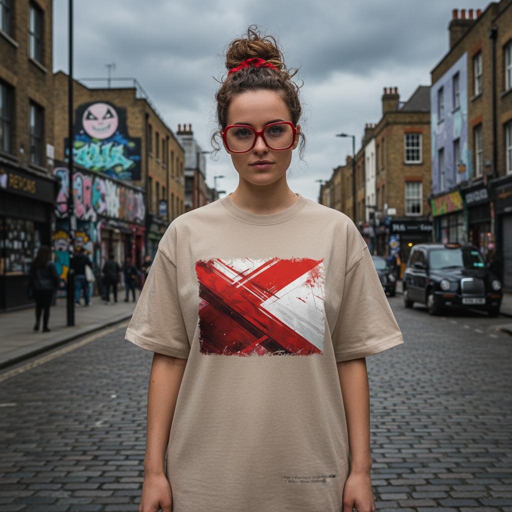 England Three Lions Sand Mode. Woman wearing a beige t-shirt with a red and white design on a street in an urban setting