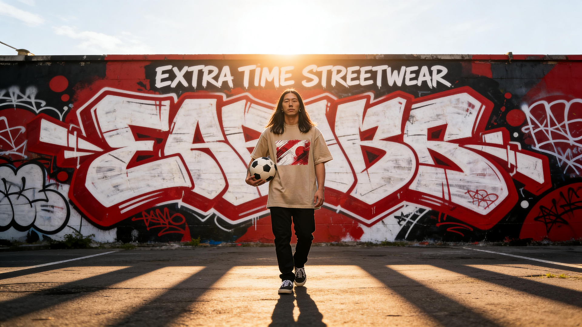 Person holding a soccer ball in front of a graffiti-covered wall with 'Extra Time Streetwear' text.