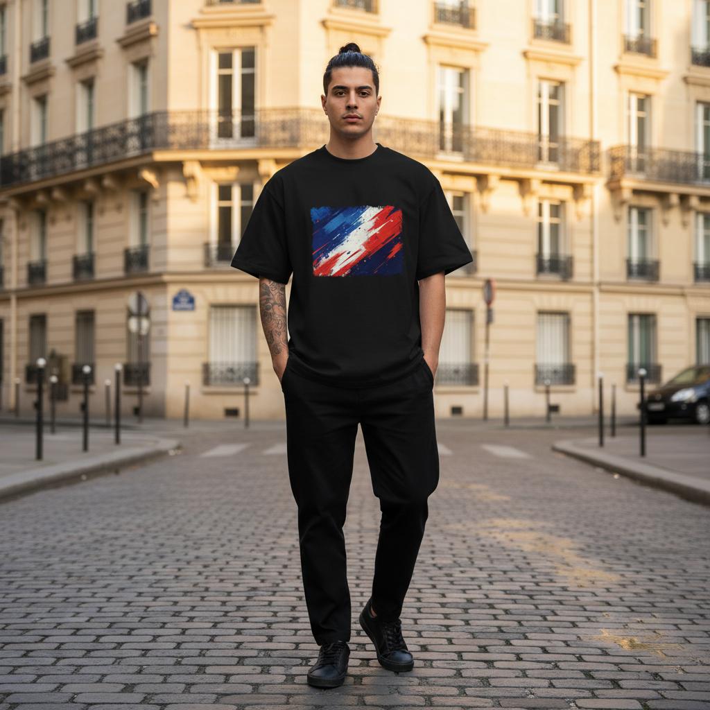 France Les Bleus Dark Mode. Man wearing a black t-shirt with a colorful graphic design in an urban setting
