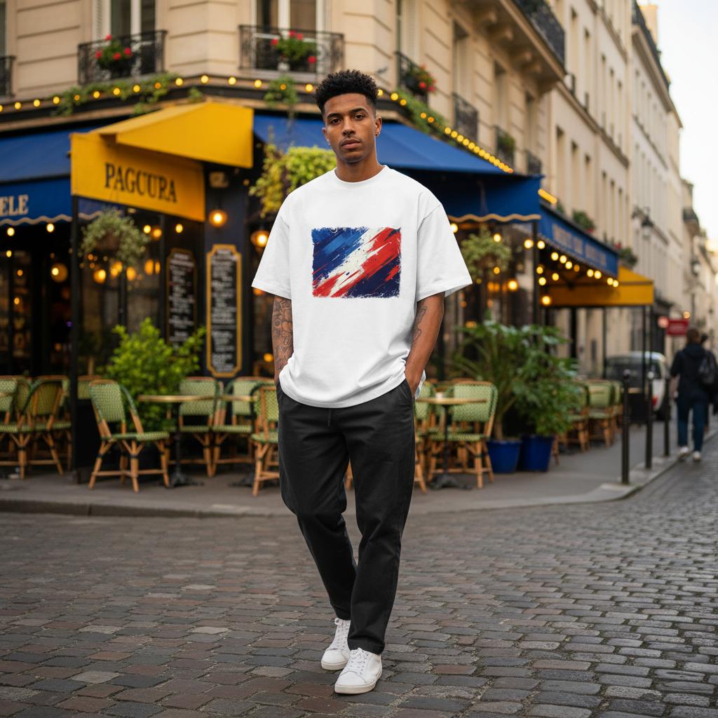 France Les Bleus Light Mode. Man wearing a white t-shirt with a colorful graphic design on a city street.
