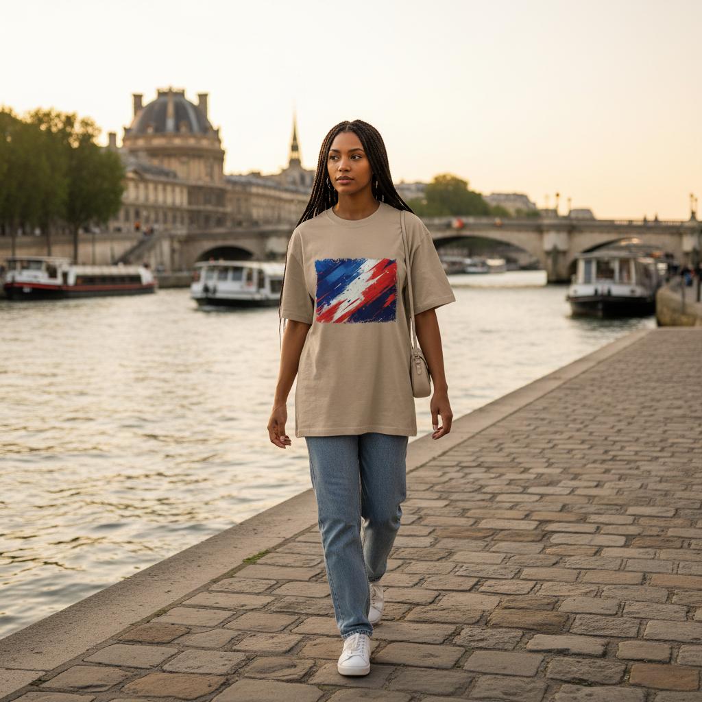 France Les Bleus Sand Mode. Woman walking along a riverside promenade with a scenic cityscape in the background