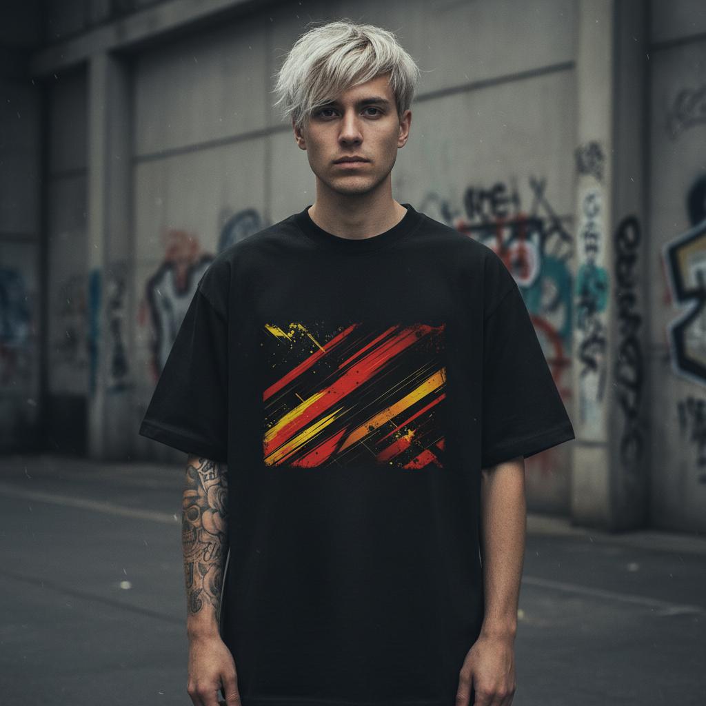 Germany Die Mannschaft Dark Mode. Person wearing a black t-shirt with a colorful design in front of a graffiti-covered wall.