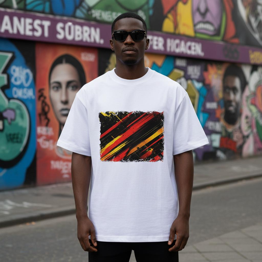 Germany Die Mannschaft Light Mode. Man wearing a white t-shirt with a colorful abstract design in front of a graffiti-covered wall.