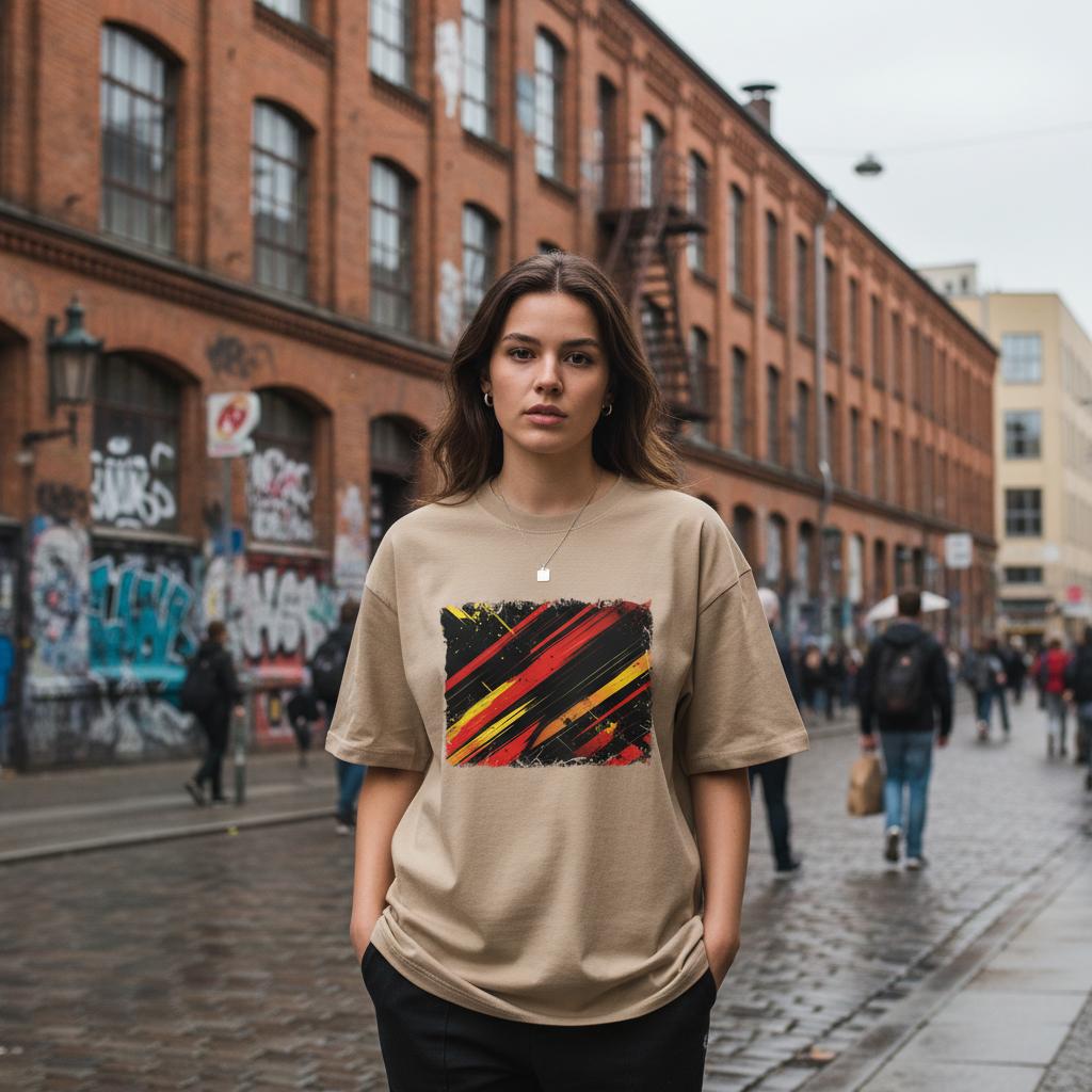 Germany Die Mannschaft Sand Mode. Woman wearing a beige t-shirt with a colorful graphic on a city street.