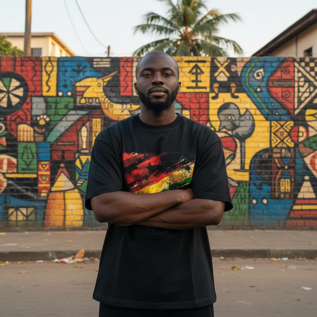 Ghana Black Stars Dark. Man standing in front of a colorful mural with arms crossed