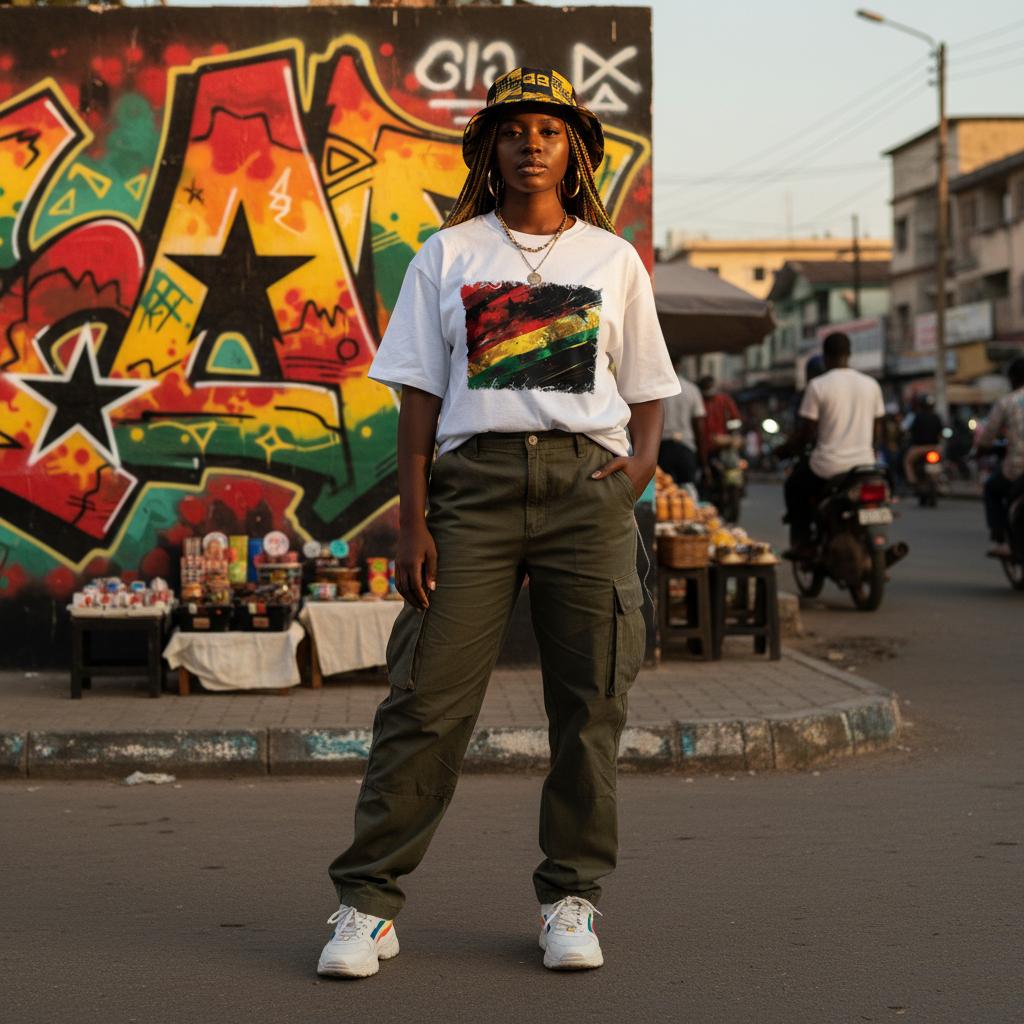 Ghana Black Stars Light. Person standing on a street with colorful graffiti in the background