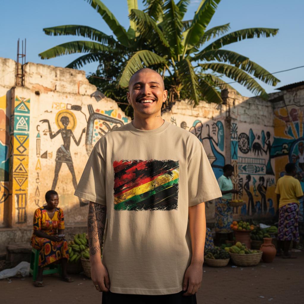 Ghana Black Stars Sand. Person wearing a beige t-shirt with a colorful design in an outdoor setting with murals and people.