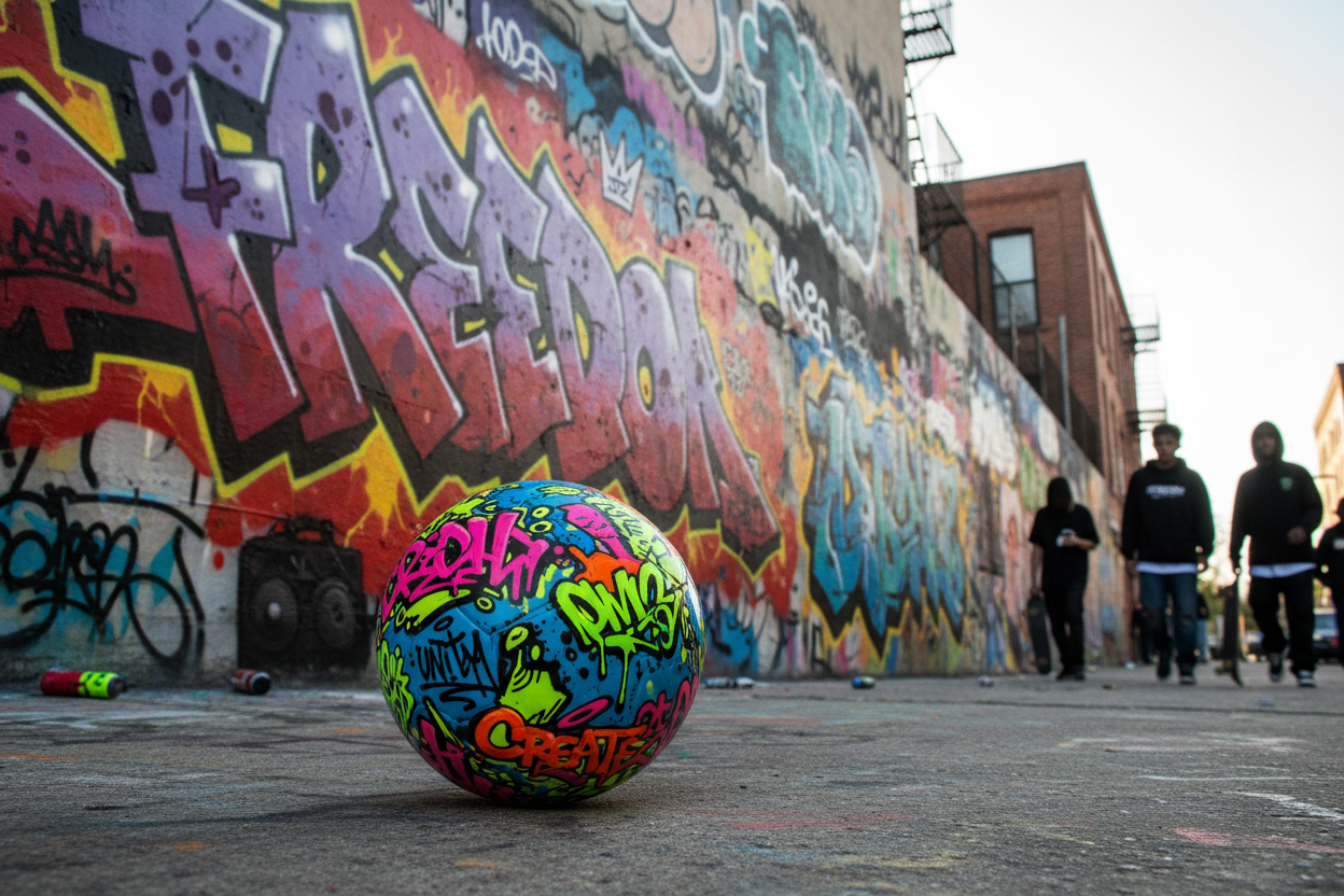 Colorful ball with graffiti-style text on a street with a graffiti-covered wall in the background.