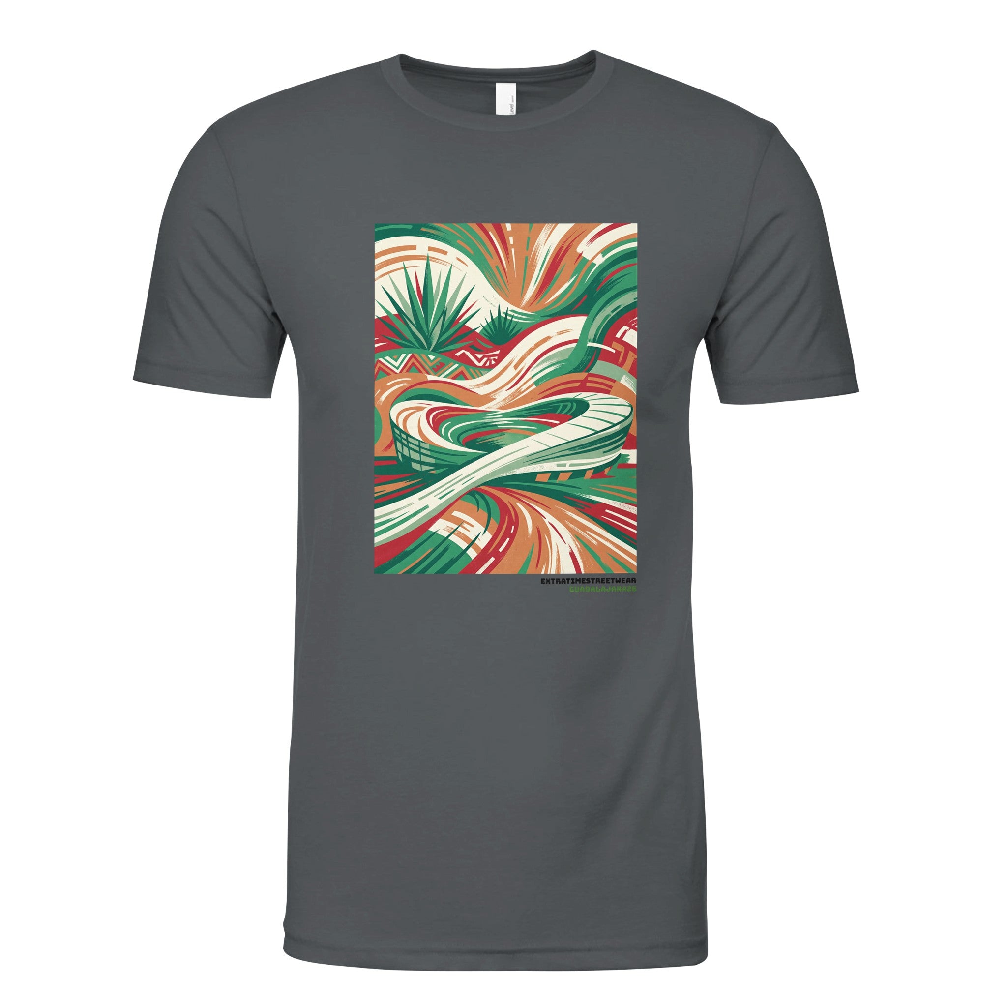 Gray shirt with Mexican inspired design on front. 