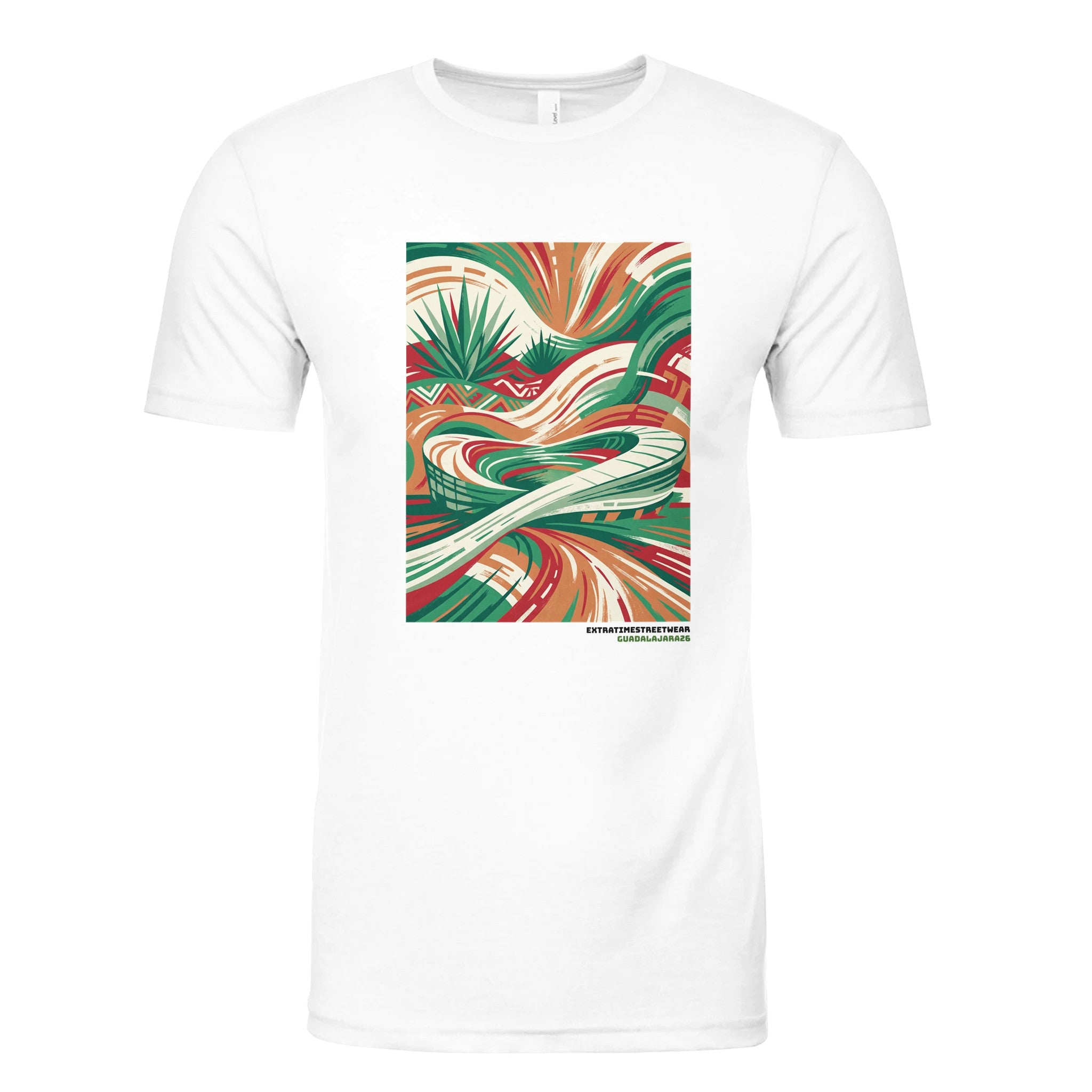 White shirt with Mexican inspired design on front. 