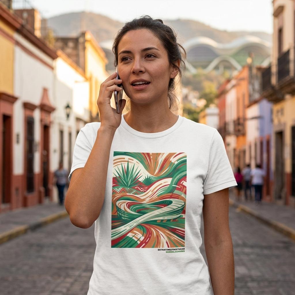 Woman wearing a white t-shirt with a colorful abstract design on a street.