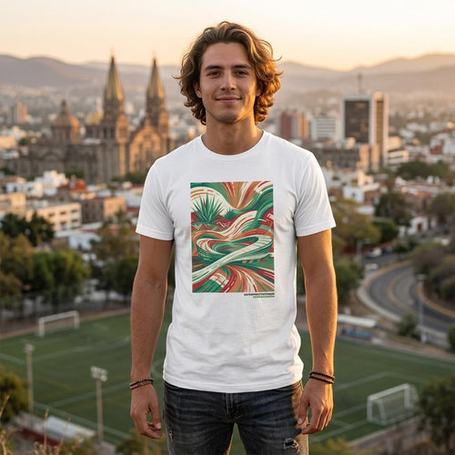Man wearing white shirt with abstract design with a soccer field in the background.