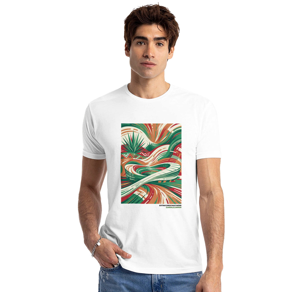 Man wearing white shirt with Mexican inspired design on front. 