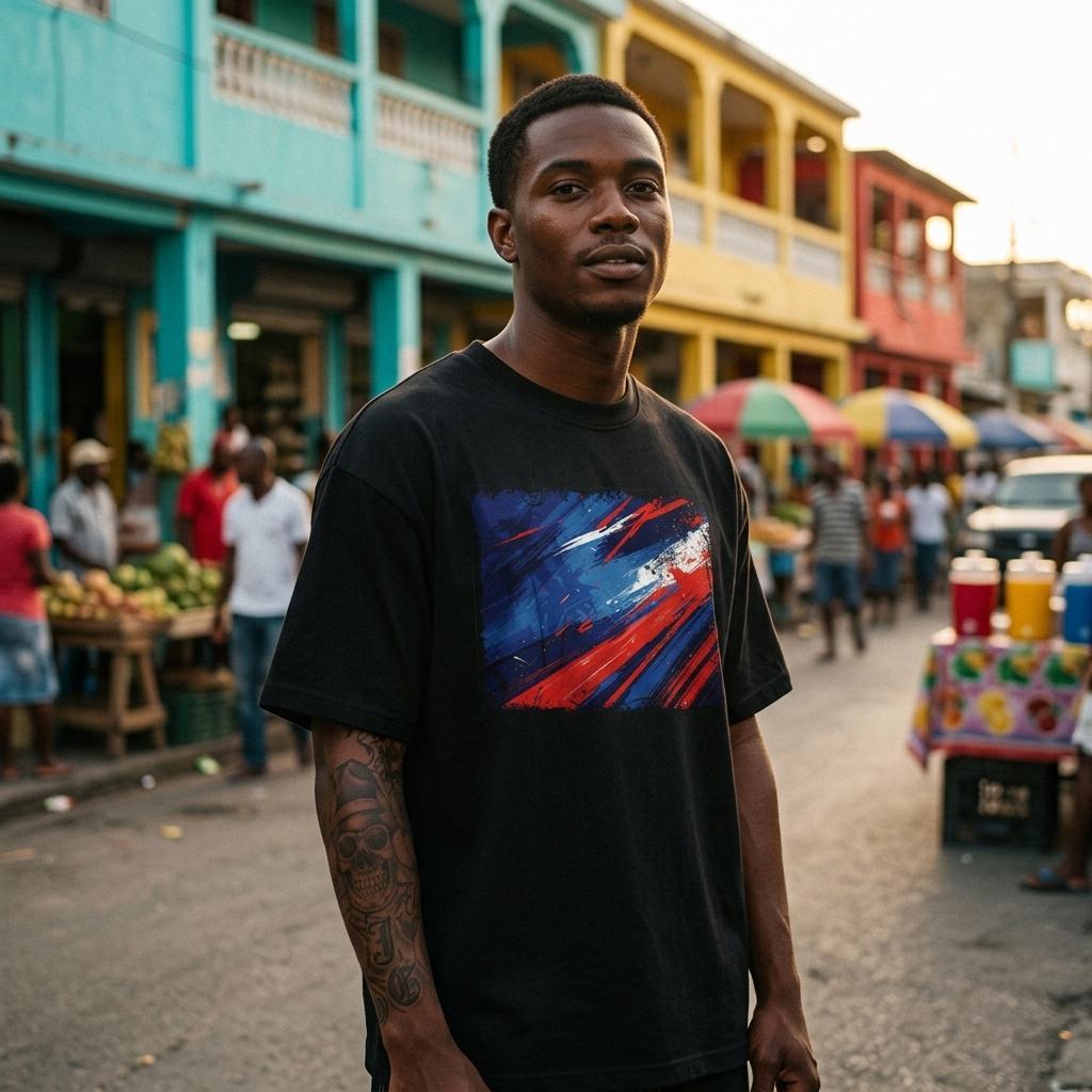 Haiti Les Grenadiers Dark. Man wearing a black t-shirt with a colorful graphic design in an outdoor market setting