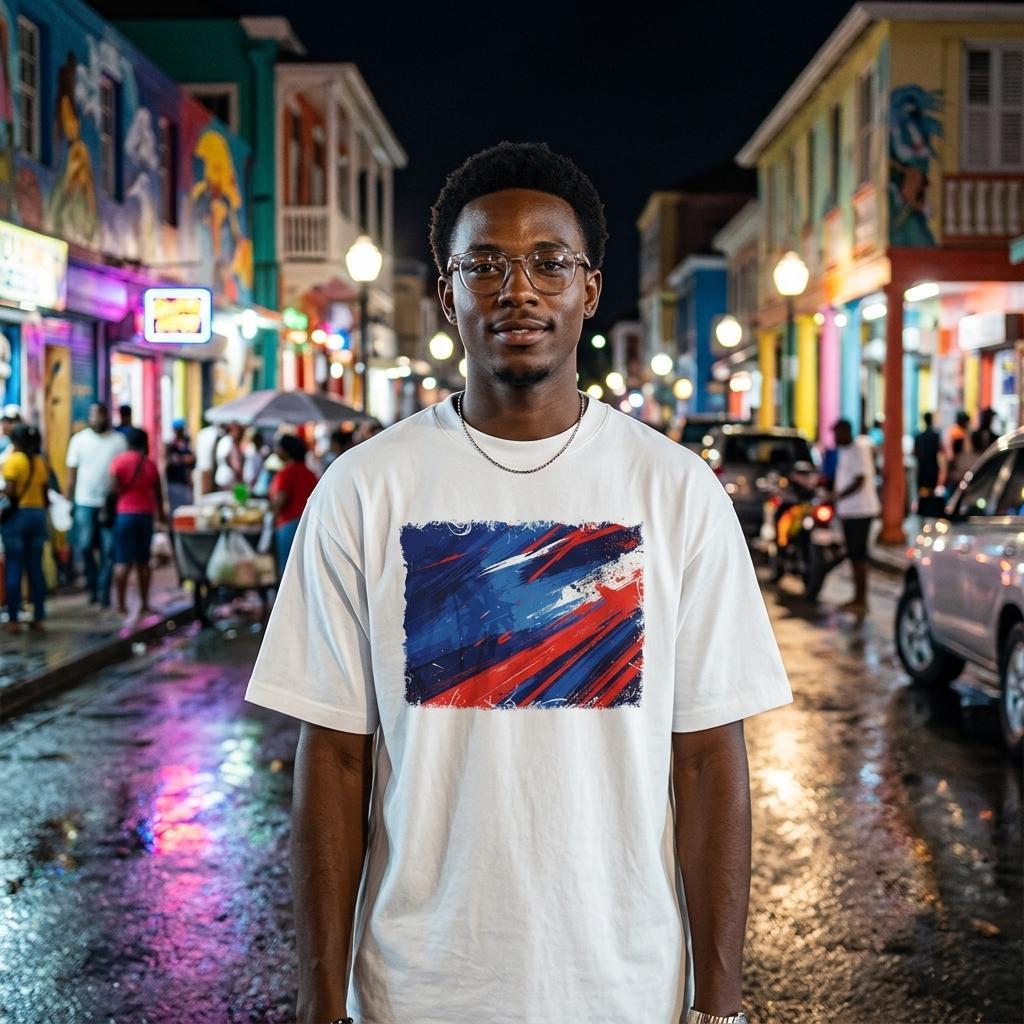 Haiti Les Grenadiers Light. Man wearing a white t-shirt with a colorful design on a street at night.