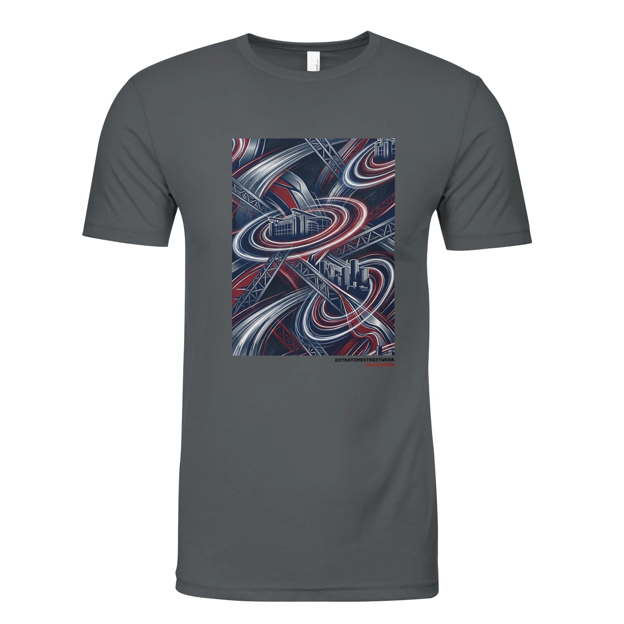 Gray shirt with space inspired design on front. 
