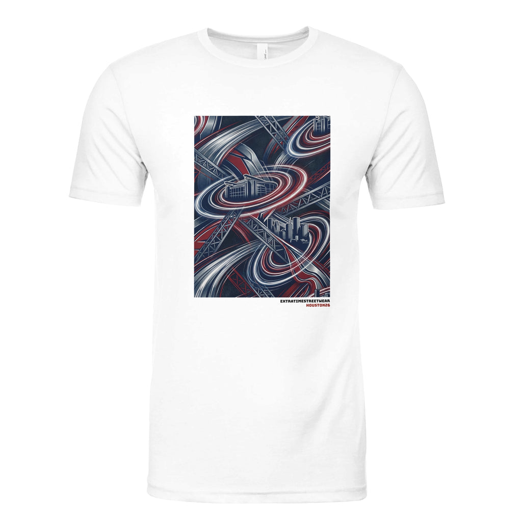 White shirt with space-themed design on front. 