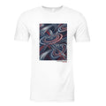 White shirt with space-themed design on front. 