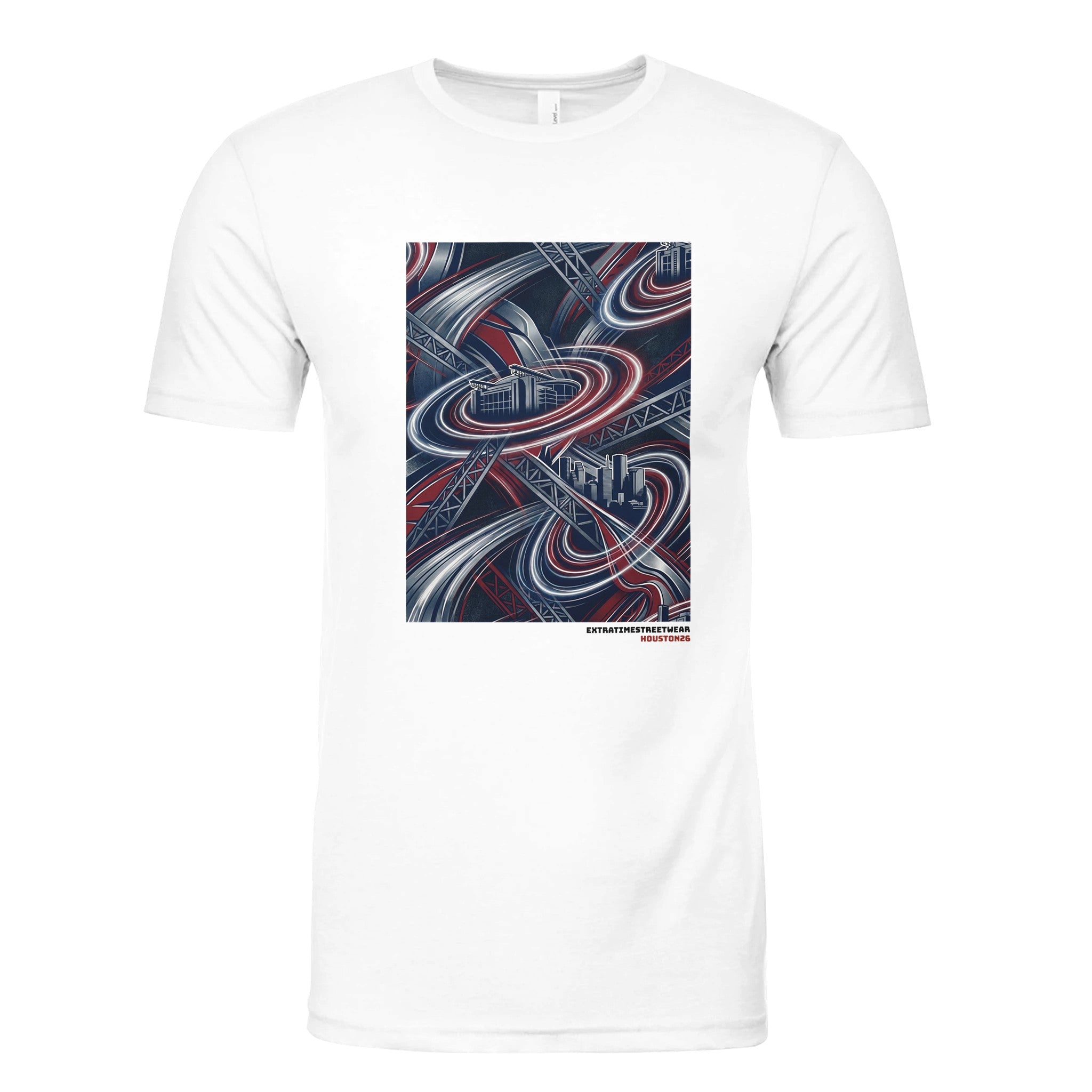 White shirt with space-themed design on front. 