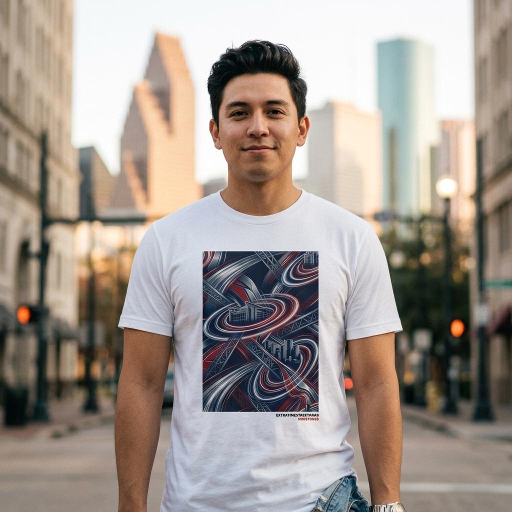 Person wearing a white t-shirt with a colorful graphic design in an urban setting