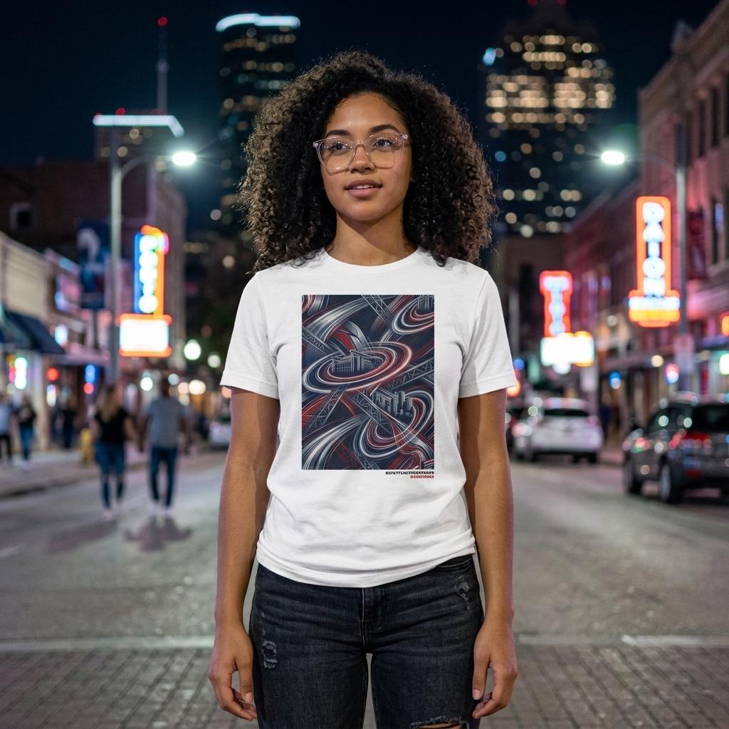 Person wearing a white t-shirt with a colorful design on a city street at night.