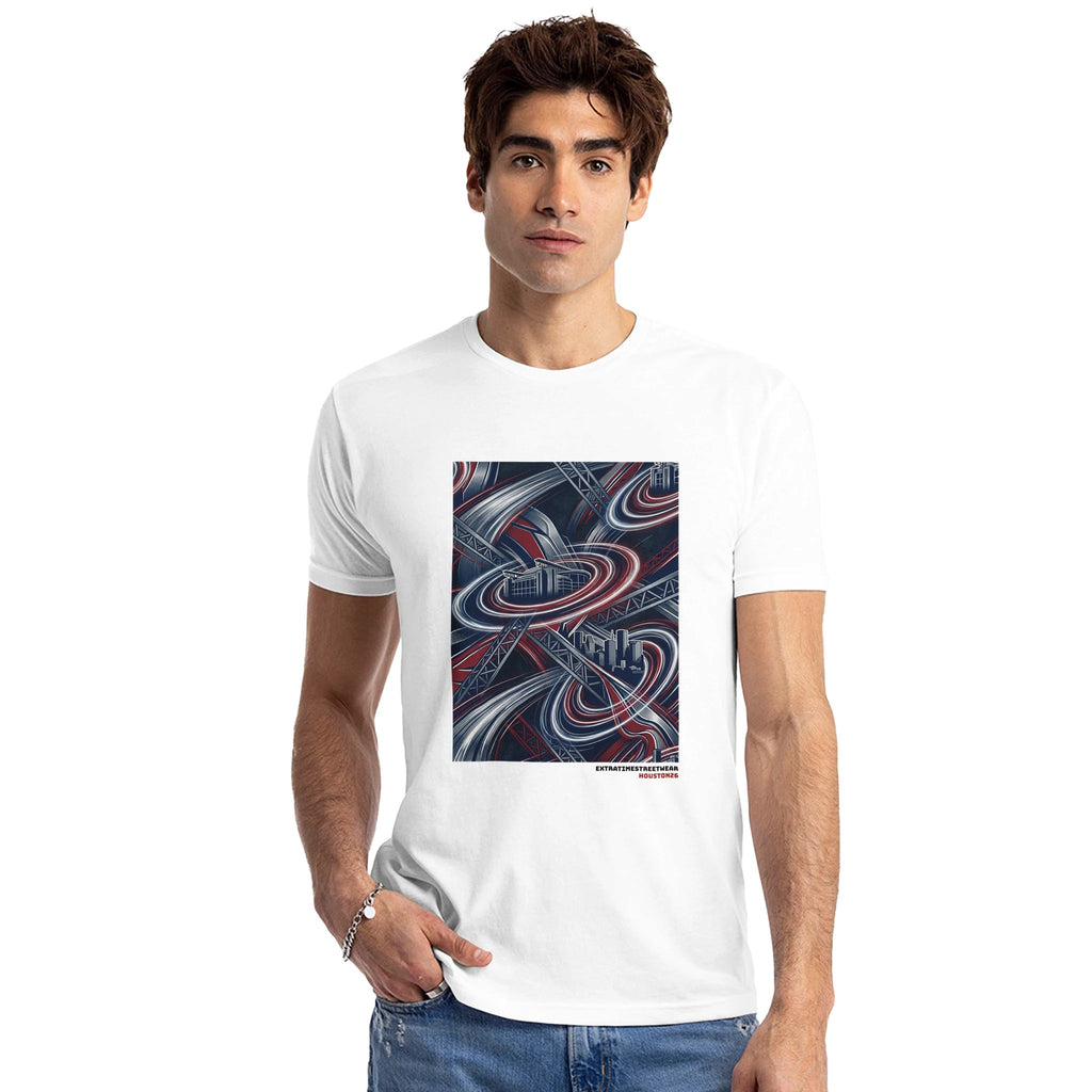 Man wearing white shirt with space inspired design on front. 