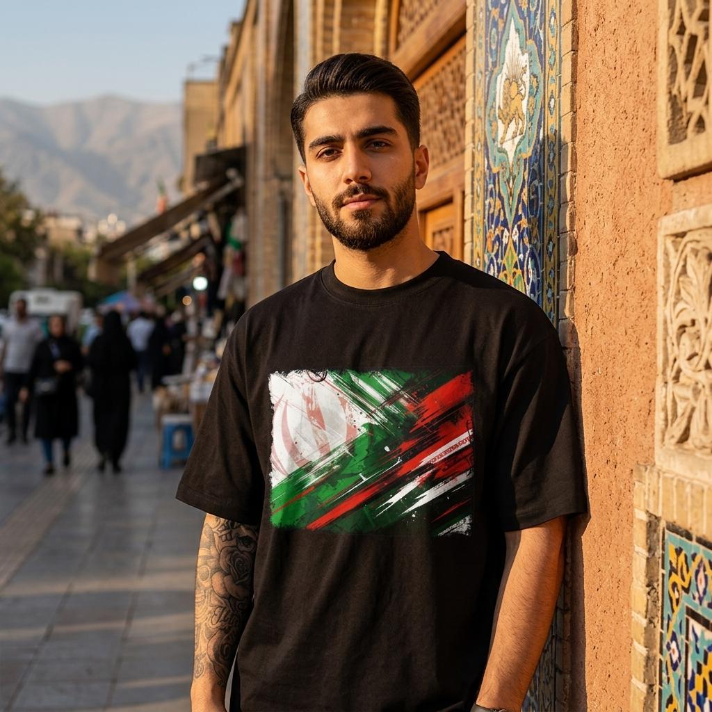 Iran Team Melli Dark. Man leaning against a wall. 