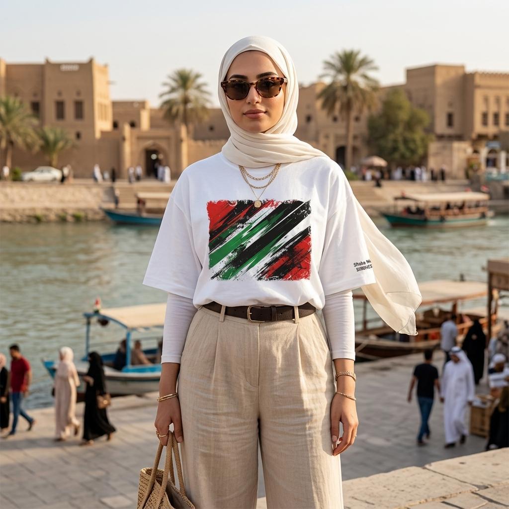 Iraq Lions of Mesopotamia Light. Woman wearing a white t-shirt with a colorful design and beige hijab in an outdoor setting with water and boats.