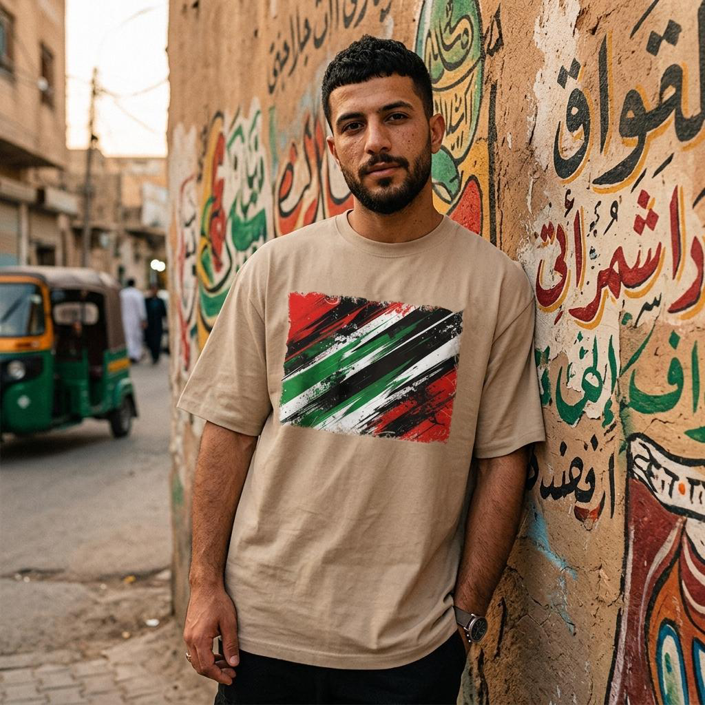 Iraq Lions of Mesopotamia Sand. Man wearing a beige t-shirt with a colorful design, standing against a wall with Arabic text and graffiti.