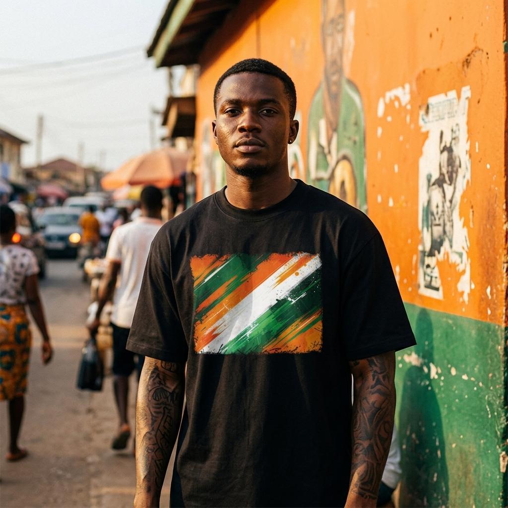 Ivory Coast Les Elephants Dark. Man wearing a black t-shirt with a colorful design standing on a street.