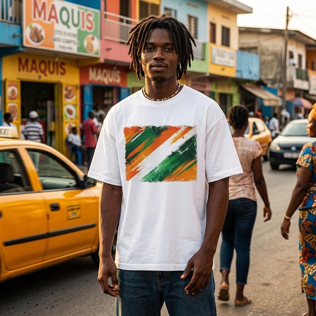 Ivory Coast Les Elephants Light. Man wearing a white t-shirt with a colorful design on a street in a colorful urban setting.