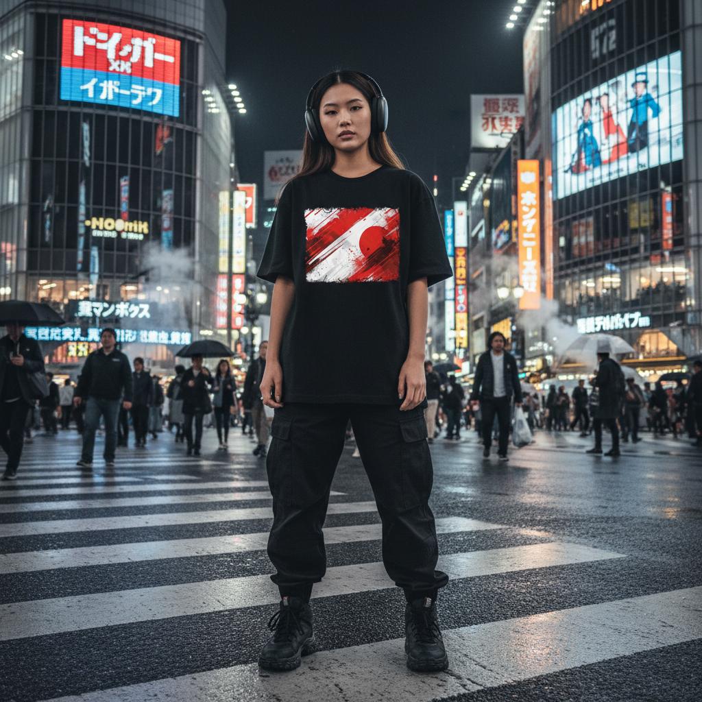 Japan Samurai Red Dark Mode. Person wearing a black t-shirt with a red and white graphic design in a bustling city street at night.