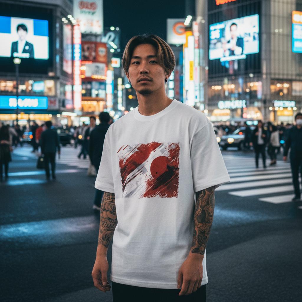 Japan Samurai Red Light Mode. Man wearing a white t-shirt with a graphic design in a city street at night.