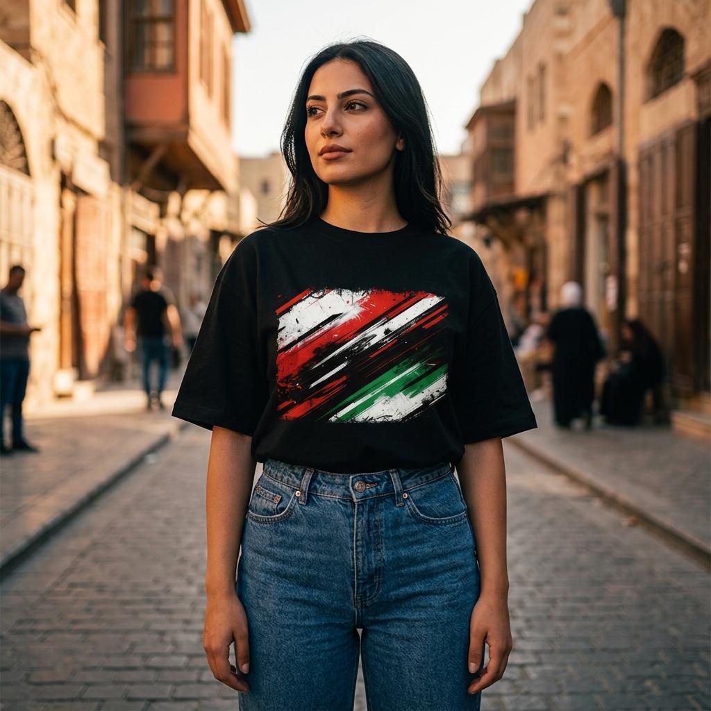 Jordan Nashama Dark. Woman wearing a black t-shirt with a colorful graphic design on a street.