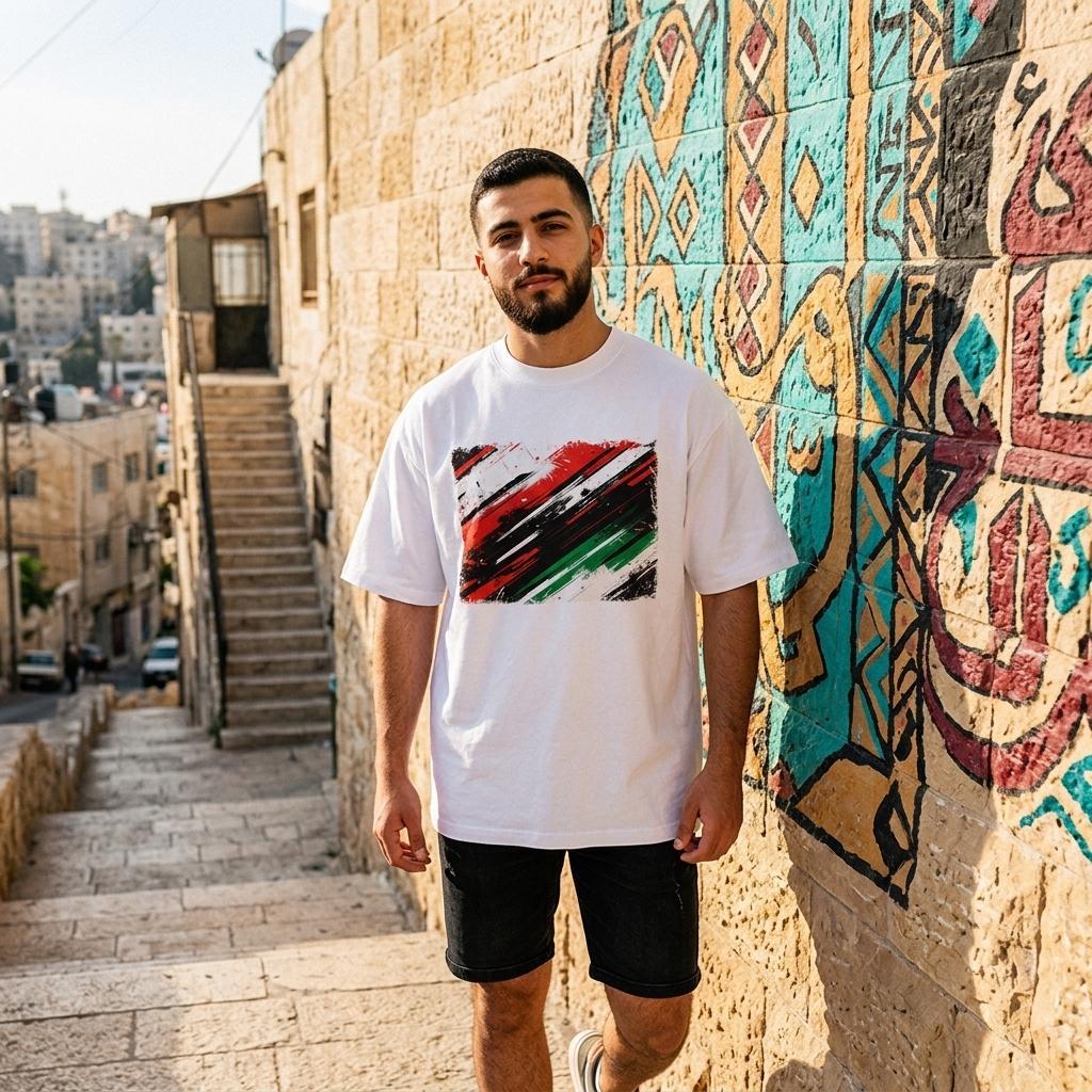 Jordan Nashama Light. Man wearing a white t-shirt with a colorful design in front of a decorative wall.