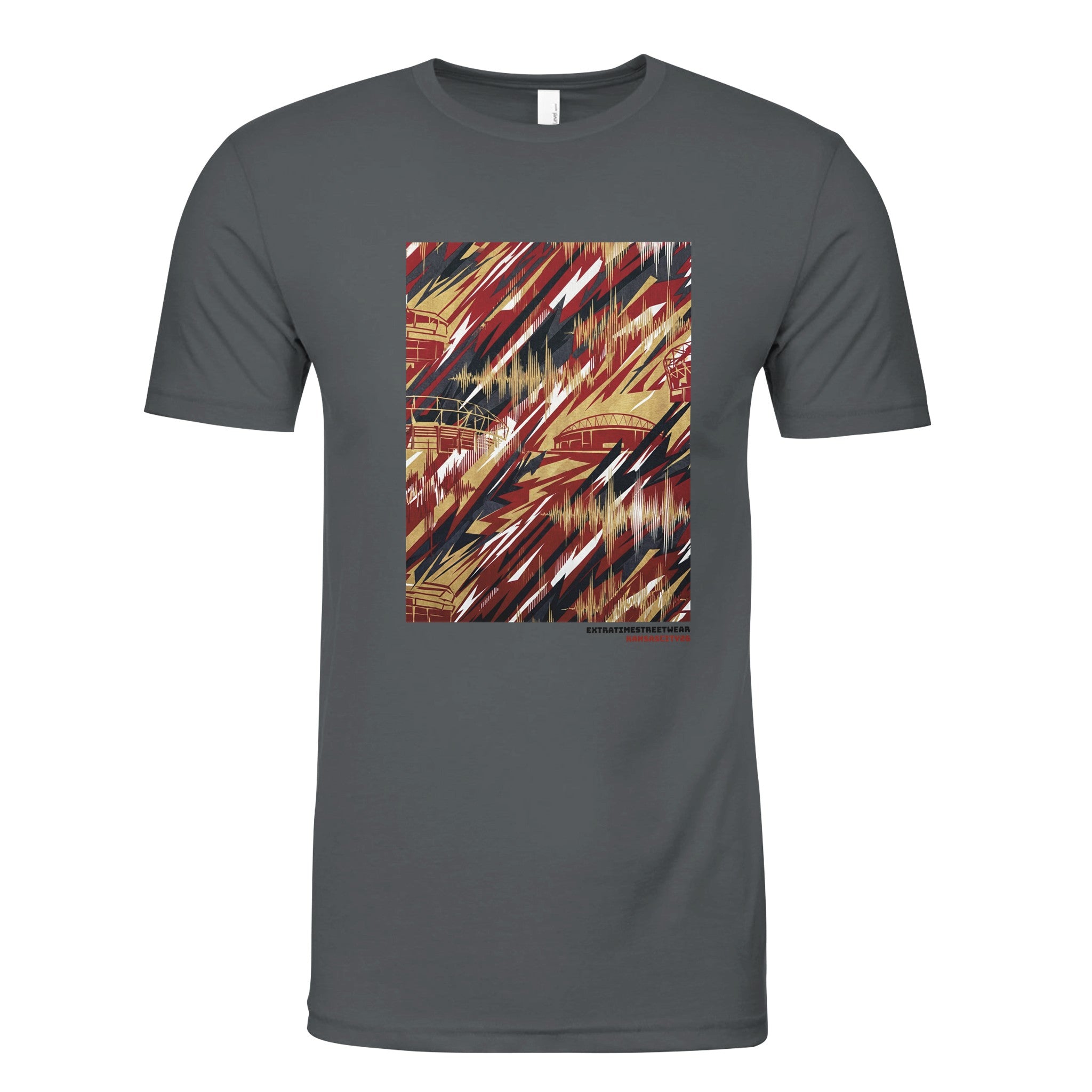 Gray shirt with abstract design on front. 