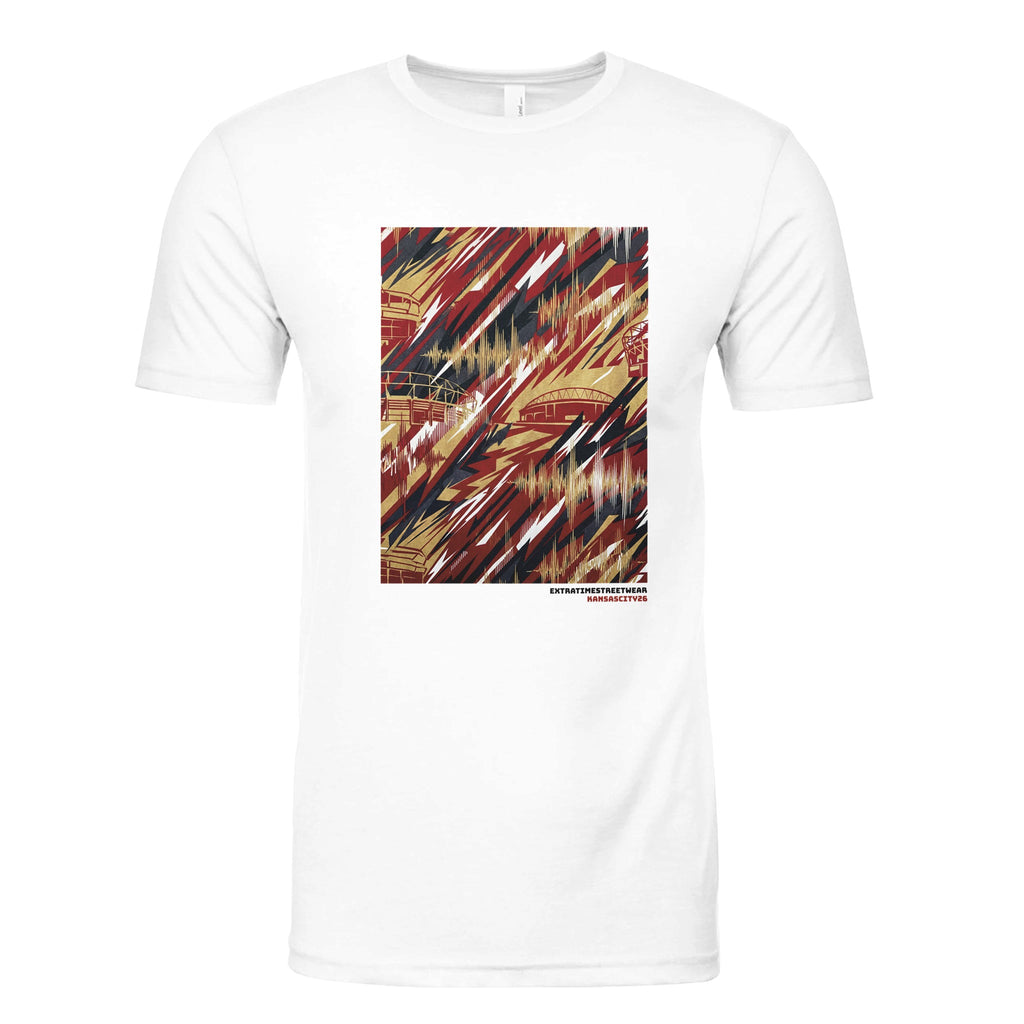 White t-shirt with abstract design on a white background