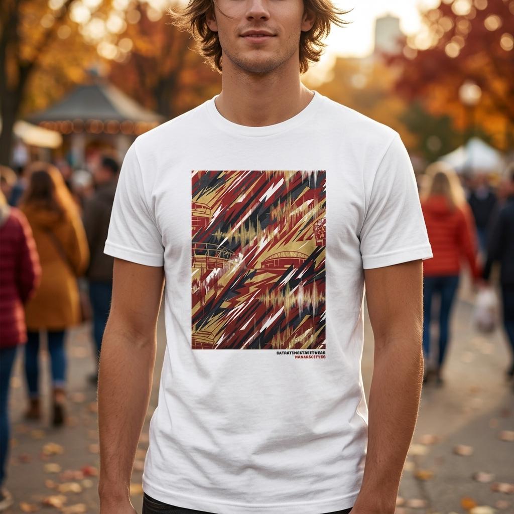 Person wearing a white t-shirt with a colorful graphic design in an outdoor setting.