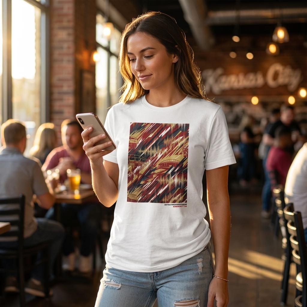 Woman in a white shirt holding her phone in a restaurant. 