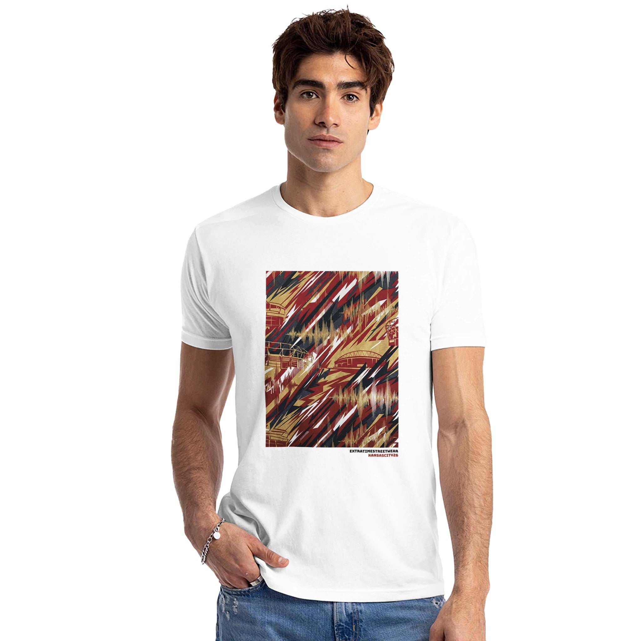 Man wearing a white t-shirt with a colorful abstract design on a white background