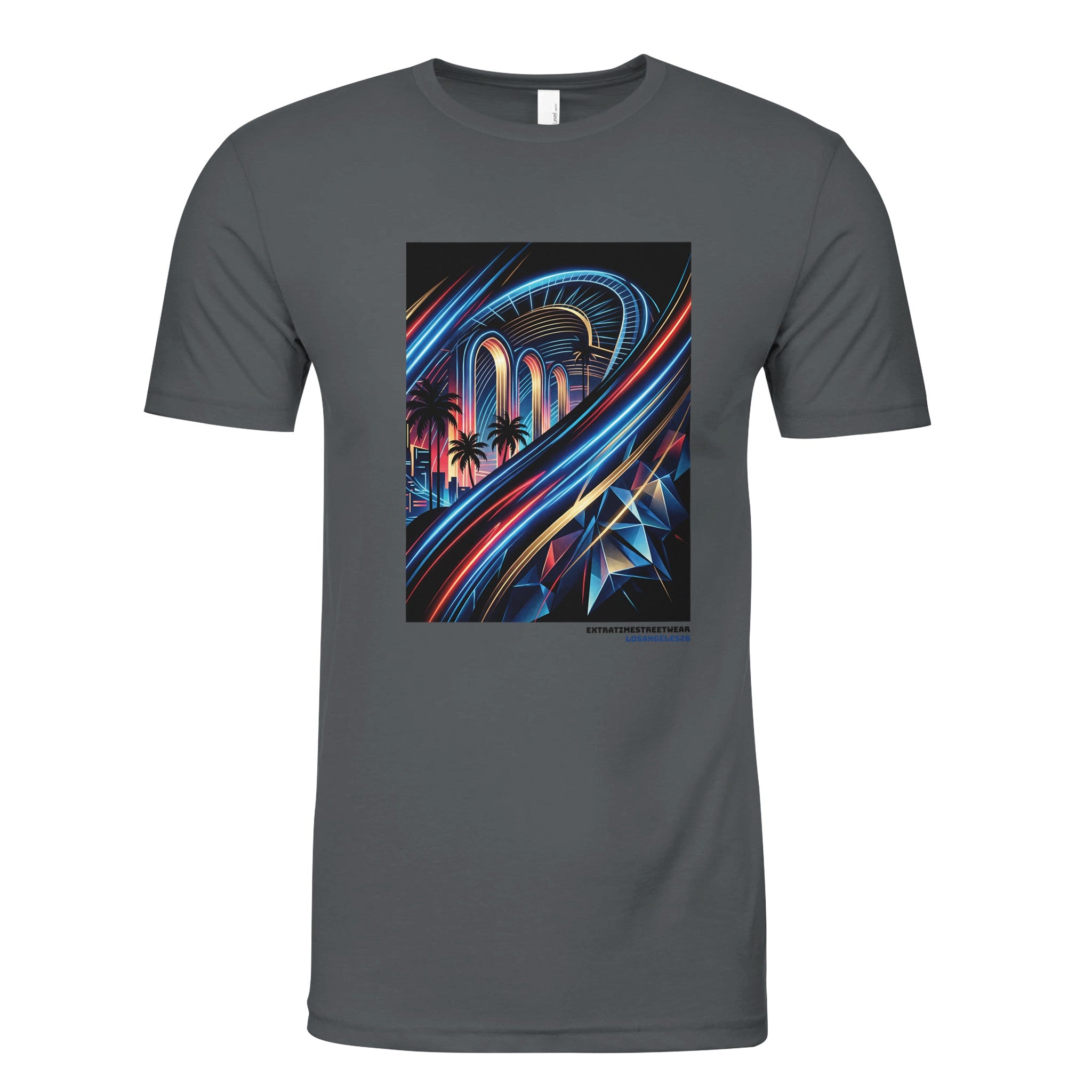 Gray t-shirt with a colorful abstract design on a white background
