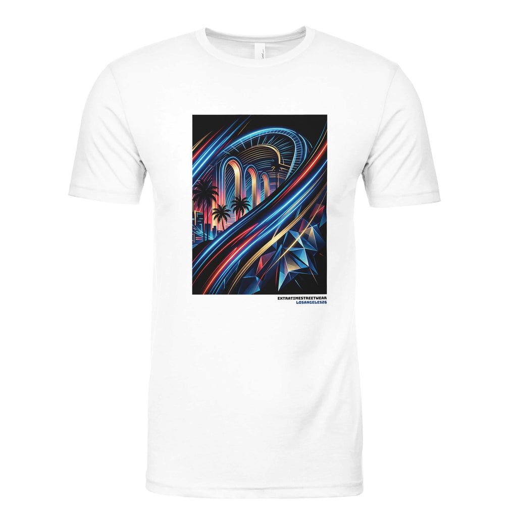 White shirt with abstract design on front. 
