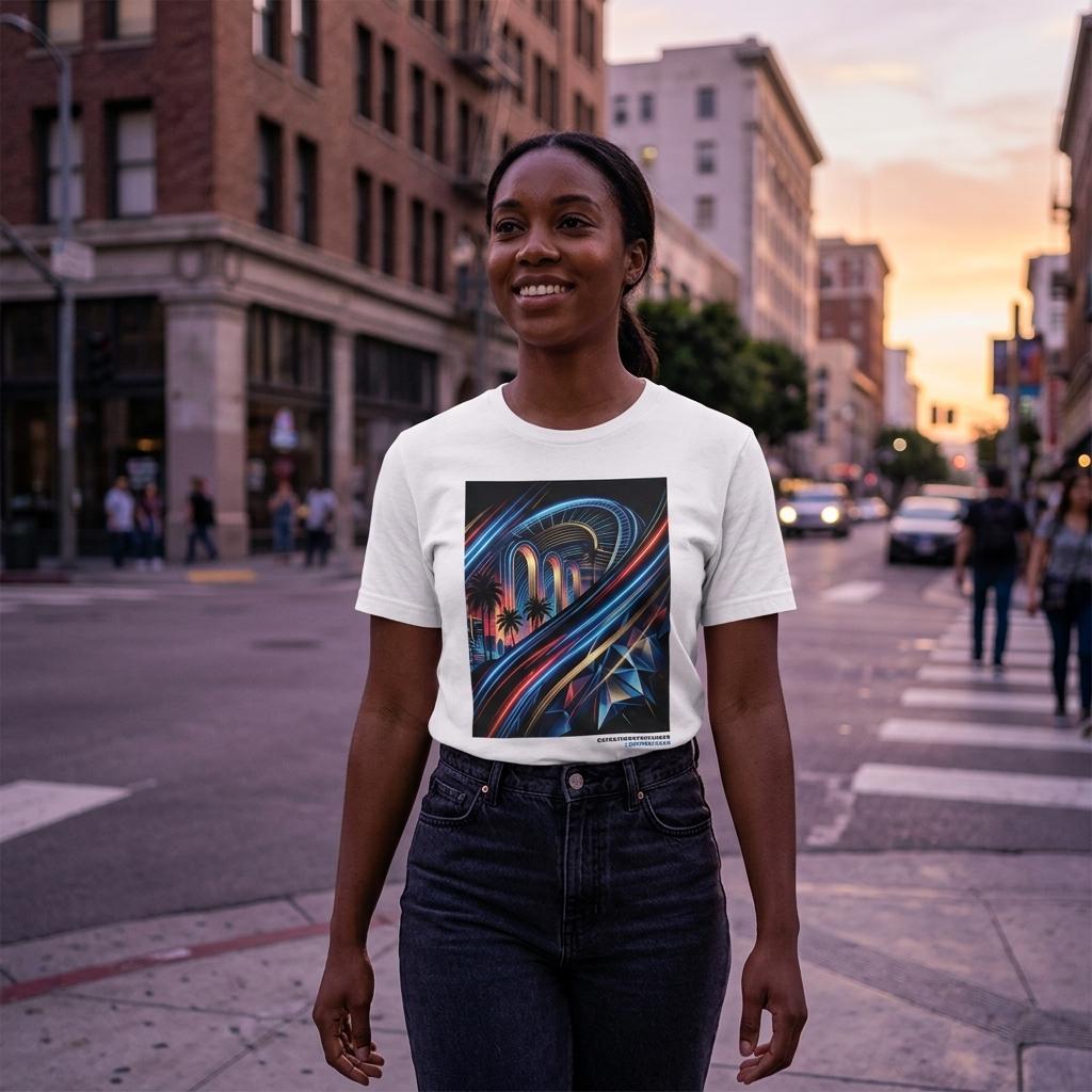 Person wearing a white t-shirt with a colorful design on a city street at sunset.